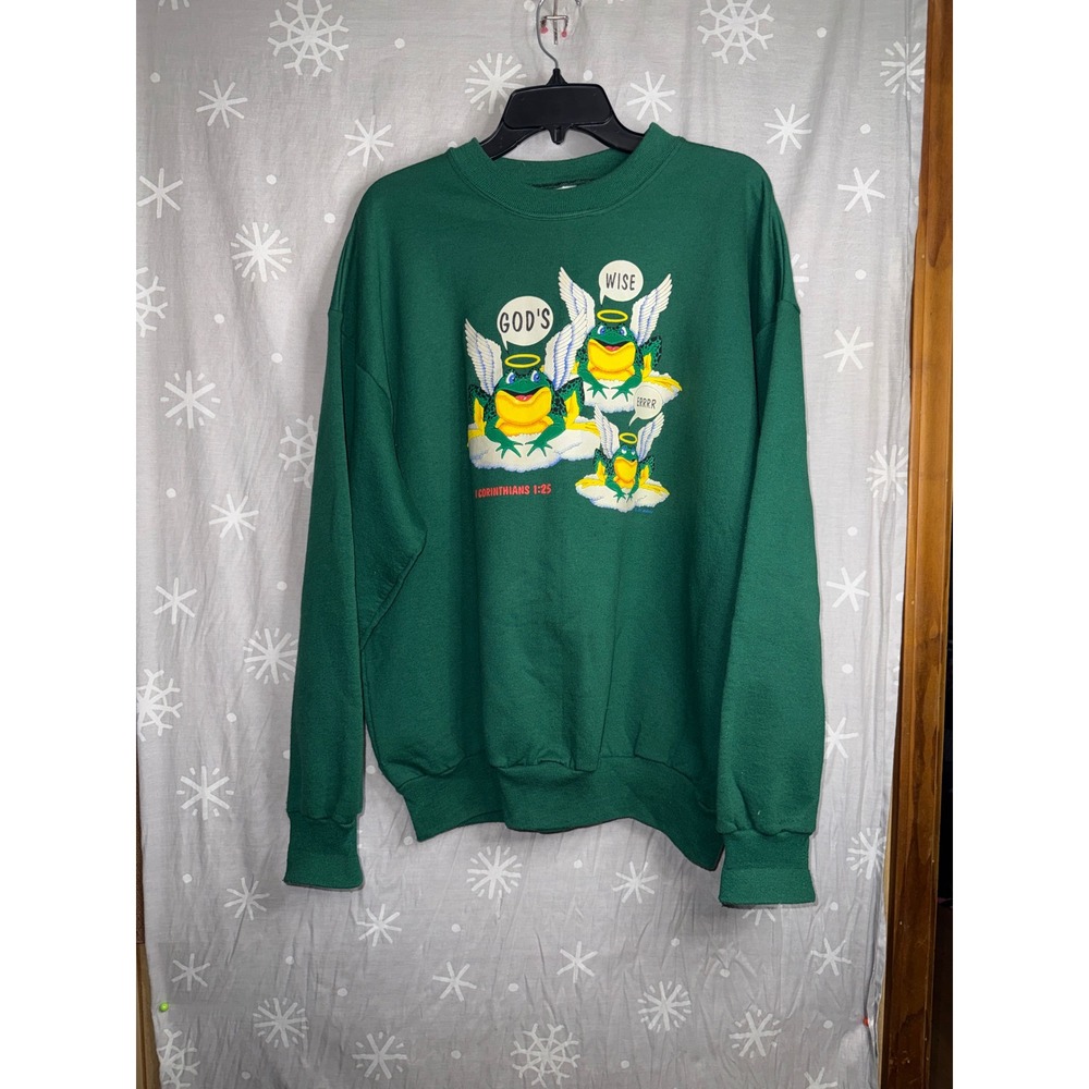 Vintage Green God's Wise Frog Angel Religious Sweatshirt 1 Corinthians 1:25 XL